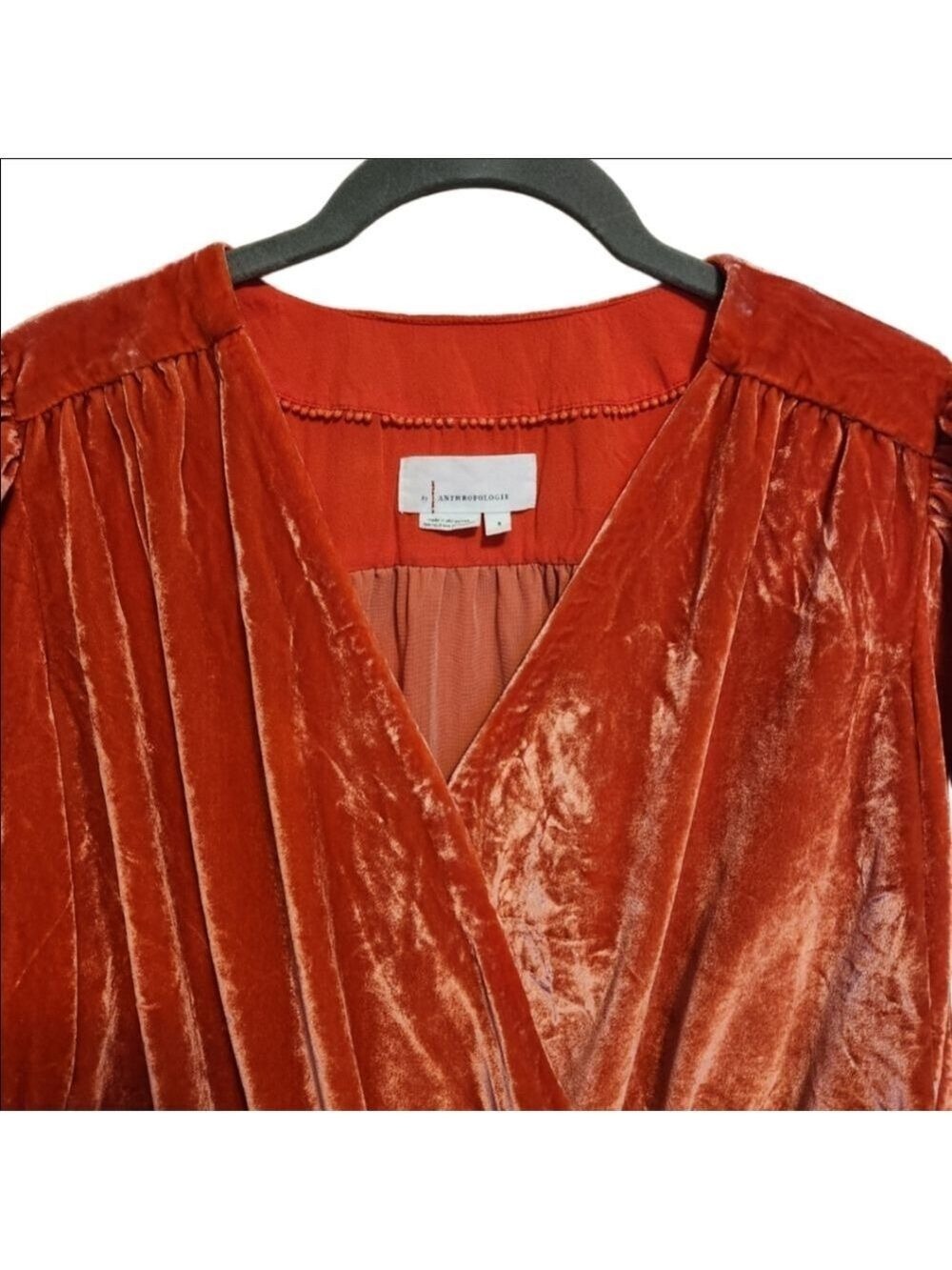 ANTHROPOLOGIE LONG SLEEVE FAUX WRAP CORAL SURPLICE VELVET BLOUSE TOP SIZE SMALL - Picture 6 of 7